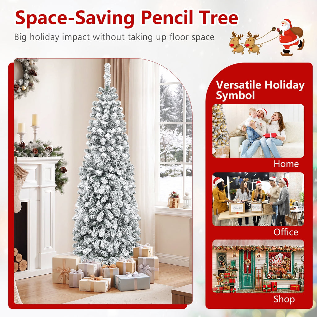 Costway 4.5 FT Unlit Flocked Pencil Christmas Tree Hinged with 242 Branch Tips