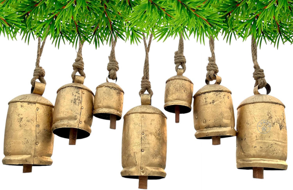 Shabby Chic Decorative Bells, Set of 7, Vintage Rustic Style Door Hanging Bells Wall Hanging Harmony Cow Bells for Lucky Christmas Décor.