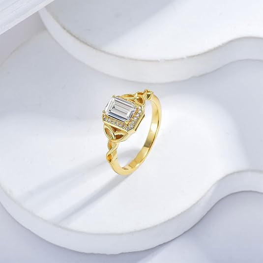 Gems & Jewels 14K Yellow Gold Plated 925 Sterling Silver 2.50 Ct Emerald Cut White Diamond Engagement Wedding Christmas Thanksgiving Halo Ring For Women's -5.5