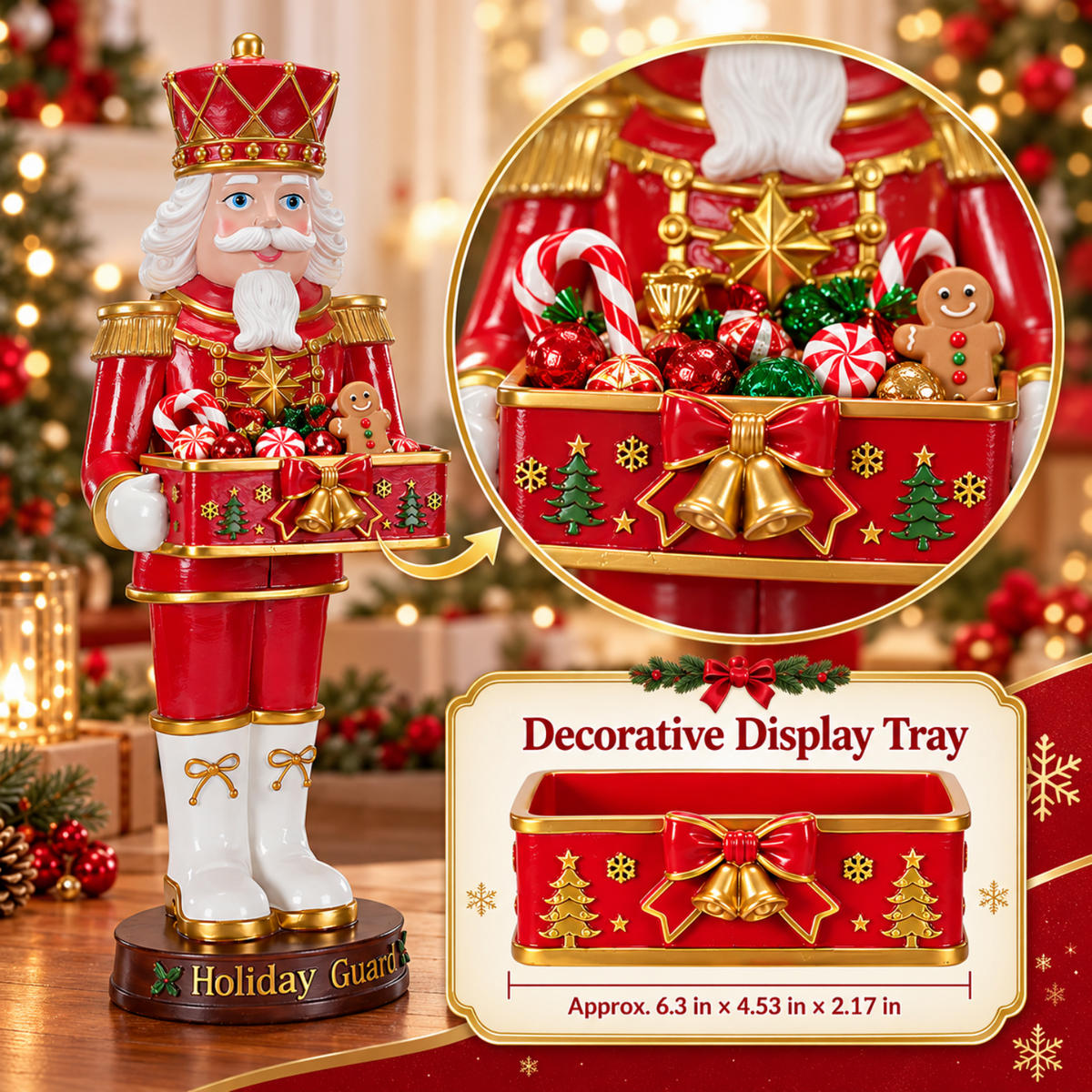 Rayocon Christmas Nutcracker Decor, 24.4 Inch Resin Soldier Statue with Display Tray, Red & Gold