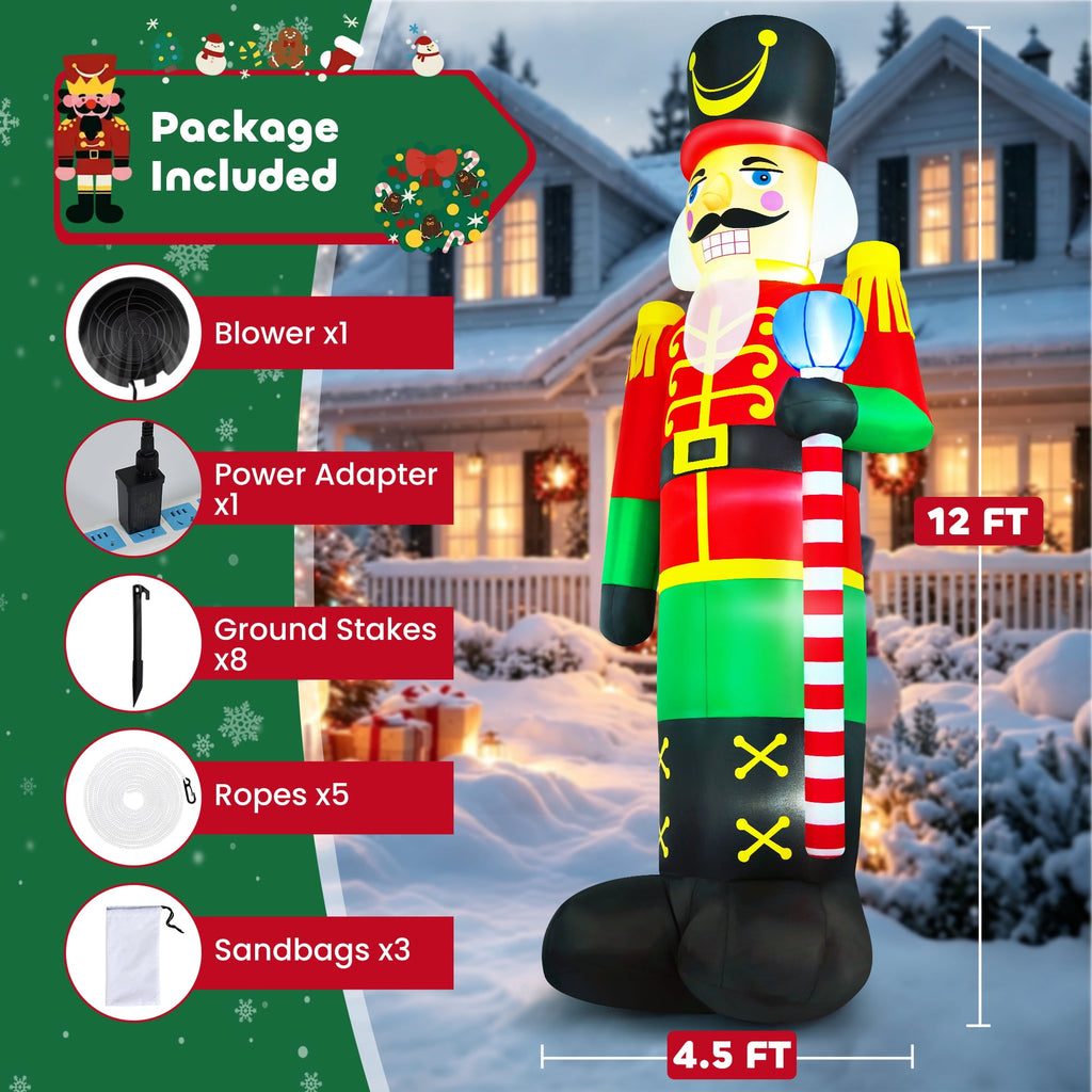 Yexmas 12FT Christmas Inflatable Nutcracker Soldier, Blow Up Yard Xmas Decor with LED Light&Candy Cane for Holiday Party Lawn Garden Outdoor Decor