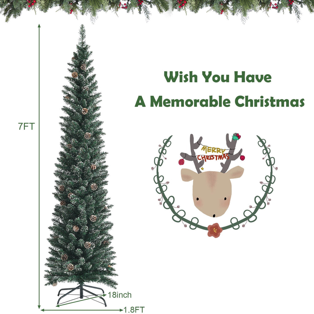 Topbuy 5FT Slim Pencil Tree Snowy Artificial Christmas Tree with 214 PVC Branch Tips & 25 Pine Cones Full Holiday Decoration Tree for Xmas