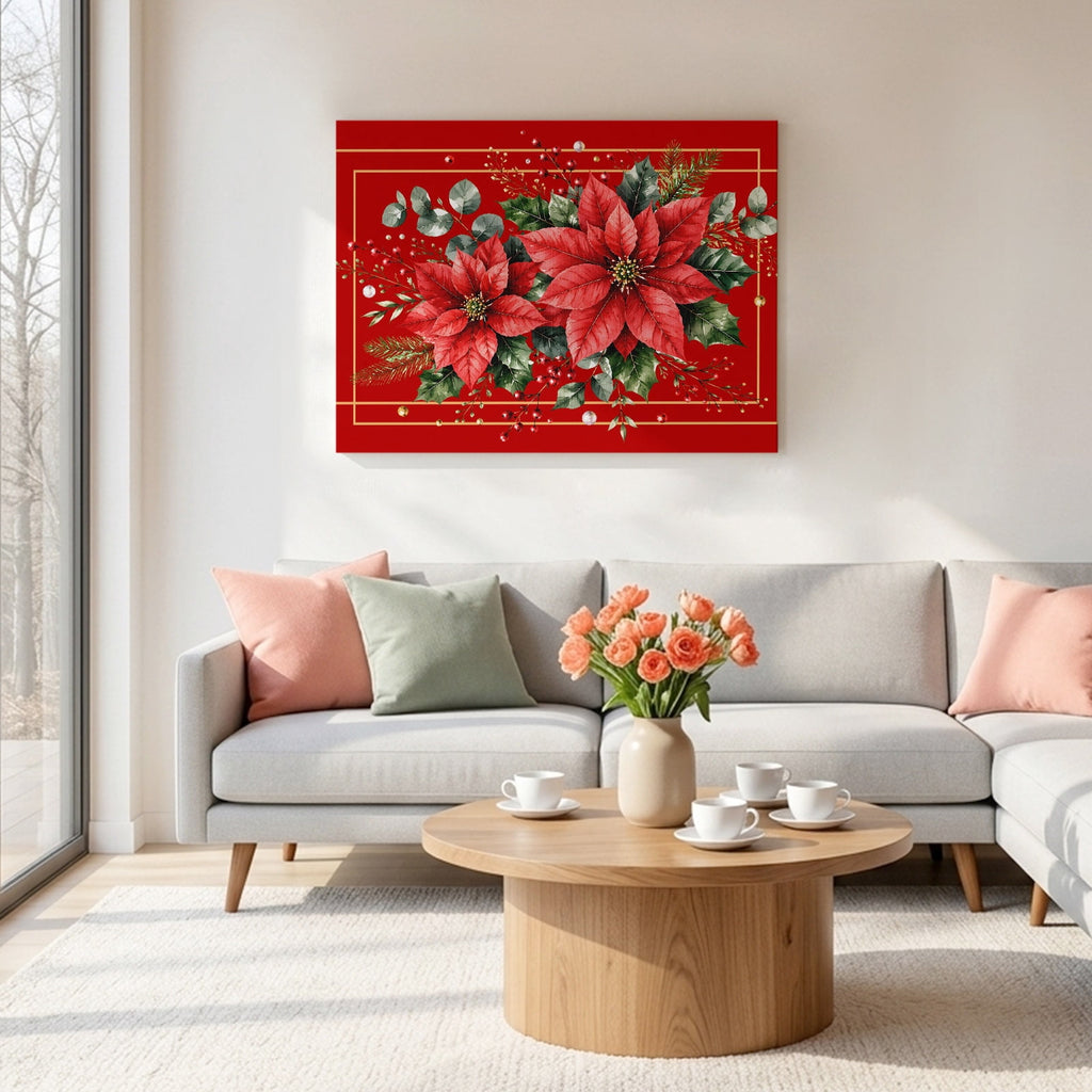 Christmas Poinsettia Flower Canvas Print Wall Art Festive Eucalyptus Leaves Red Base Wall Decor Modern Artwork Paintings Pictures for Living Room Stretched and Framed Ready to Hang - 24" x 32"