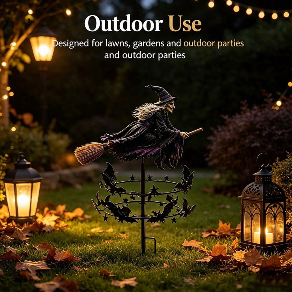 The Enchanted Witch Garden Wind Spinner, Flying Witch on Broom Metal Stake with Bat & Star Ornaments, Weatherproof Yard Outdoor Lawn Patio Pathway Fall Halloween Garden Decor