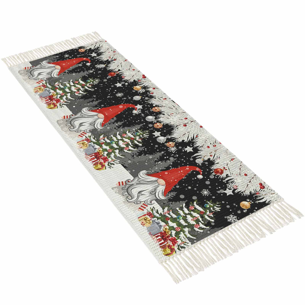 Grey Red Christmas Large Area Rug 4x6ft Woven Runner Rug,Snowflake Gnomes Xmas Tree Winter Gifts Living Room Bedroom Kitchen Bathroom Classroom Carpet with Tassels,Indoor Outdoor Throw Door Mat