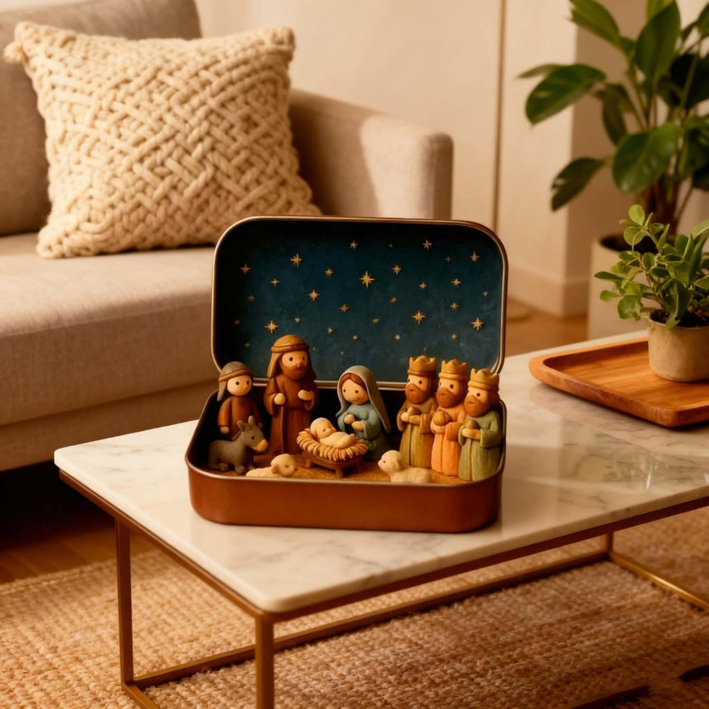 Mini Nativity Set in a Tin Box - Handcrafted Pocket Size Nativity Scene Gift Tin - Miniature Nativity Sets & Figures, Christmas Christian Decoration Indoor for Home Gifts Decor