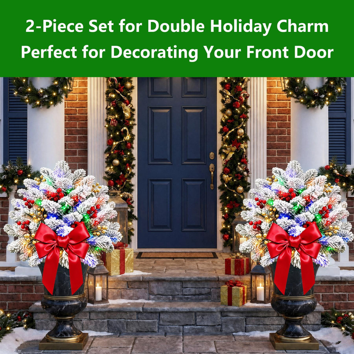 2PK Prelit Outdoor Christmas Trees Christmas Urn Pot Filler Snow Flocked Lighted Christmas Trees with 100 LED Warm White/Colorful Lights Timer 8 Modes for Front Door Porch Christmas Decoration