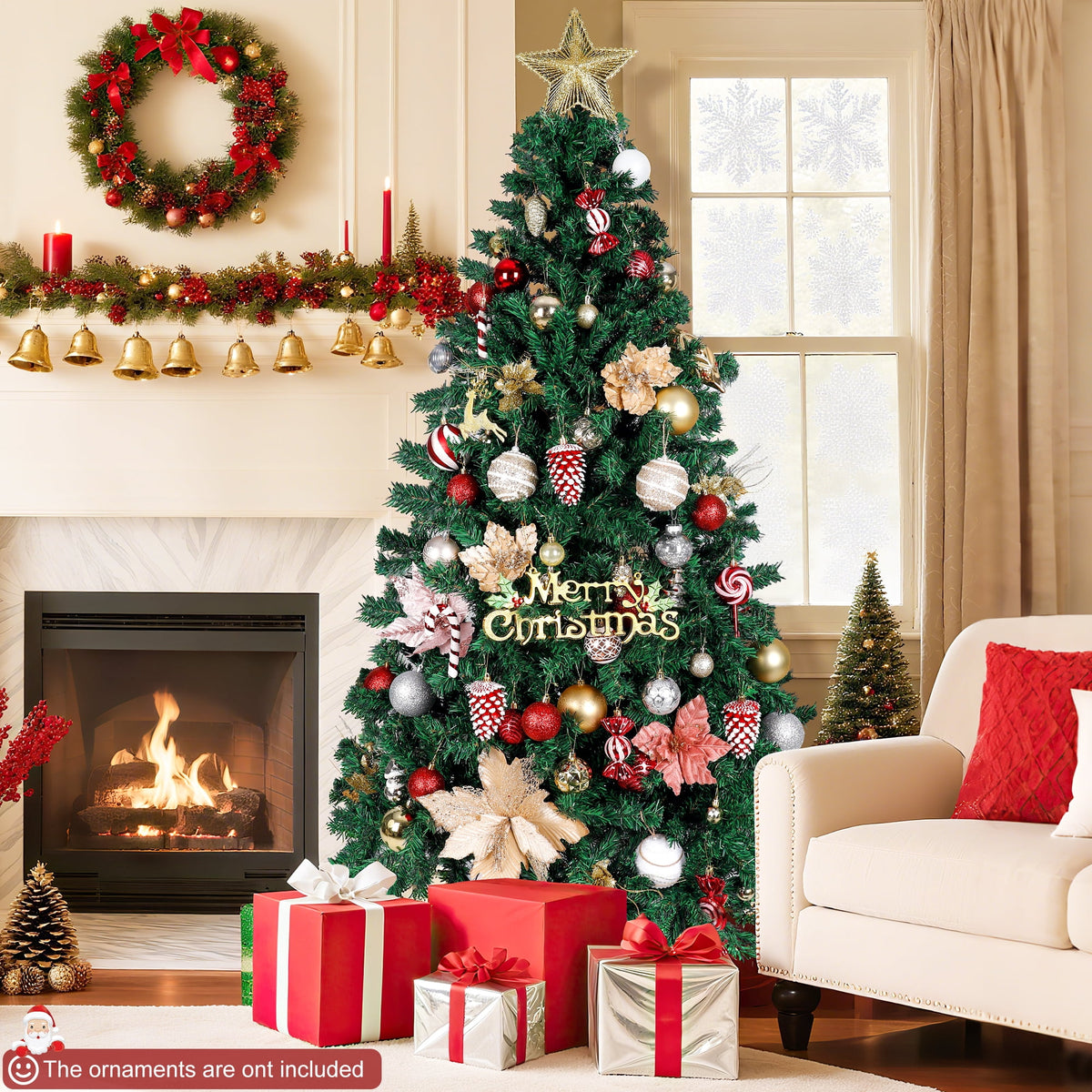 Aufeile 6ft Pencil Christmas Tree, Slim Pre-Lit Xmas Tree, 200 LED Lights, 600 Hinged Tips, Pine Cones, Berries, Metal Stand