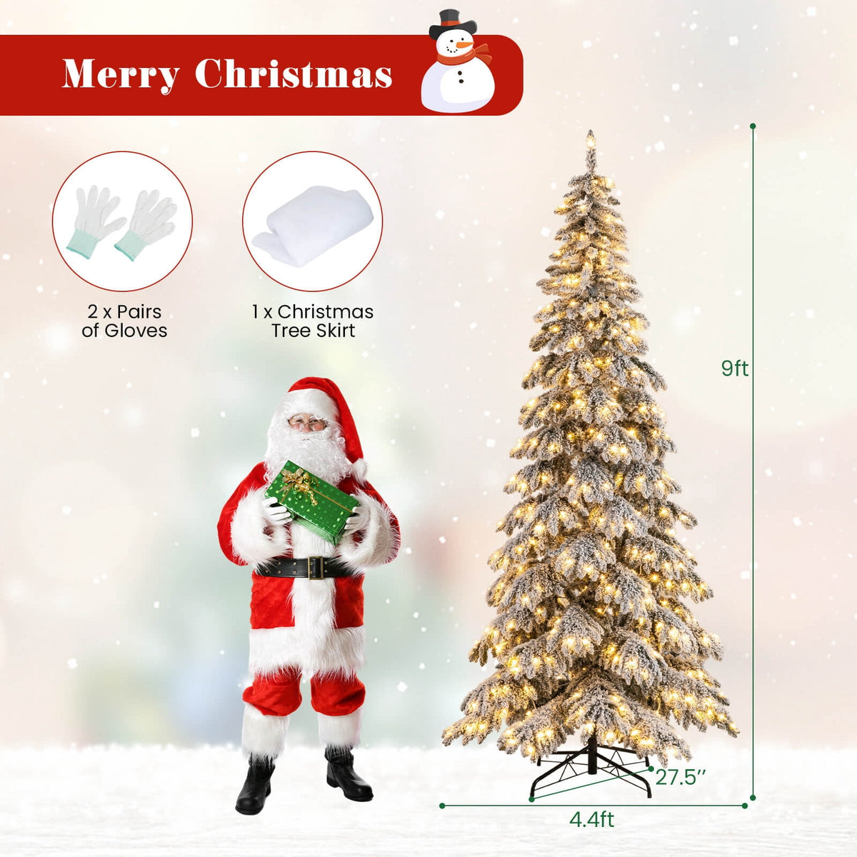 Costway 9 FT Artificial Christmas Tree with Quick Power Connectors,1223 Flocked Branch Tips