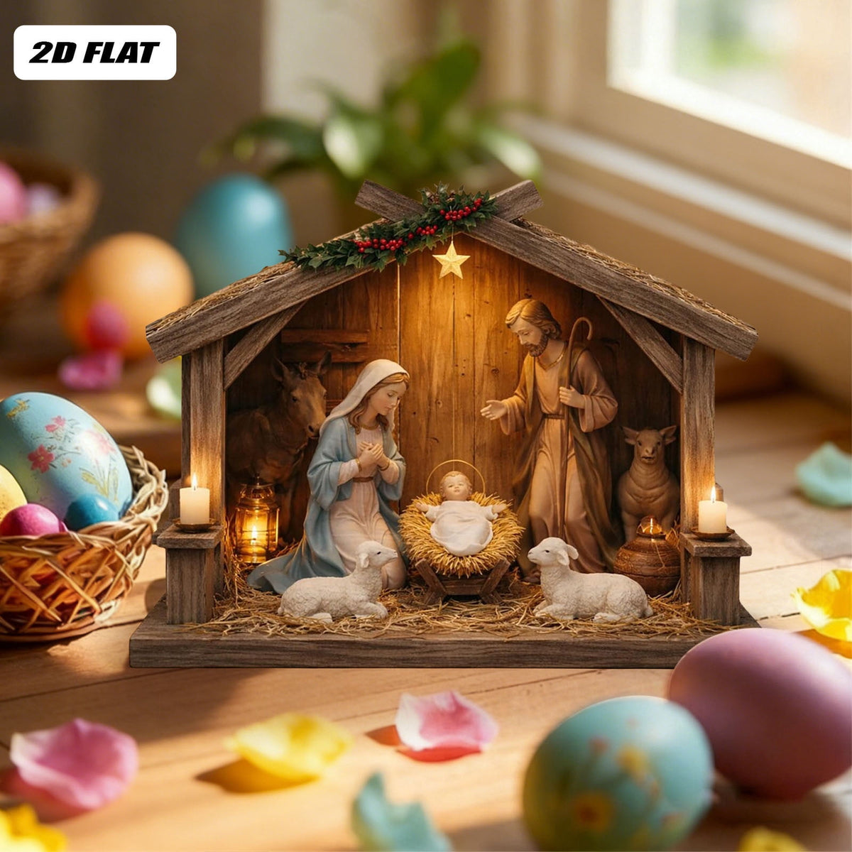 Nativity Scene Wooden Decor, Jesus Birth Manger Stable Sculpture for Christmas Home Church Decor