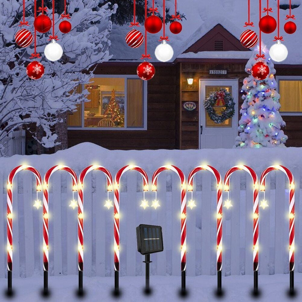 12 Pack Christmas Decorations Outdoor Solar Candy Cane Lights, Waterproof Solar Pathway Markers Yard Lights with Star, 8 Modes Xmas Decorations for Garden Yard Decor