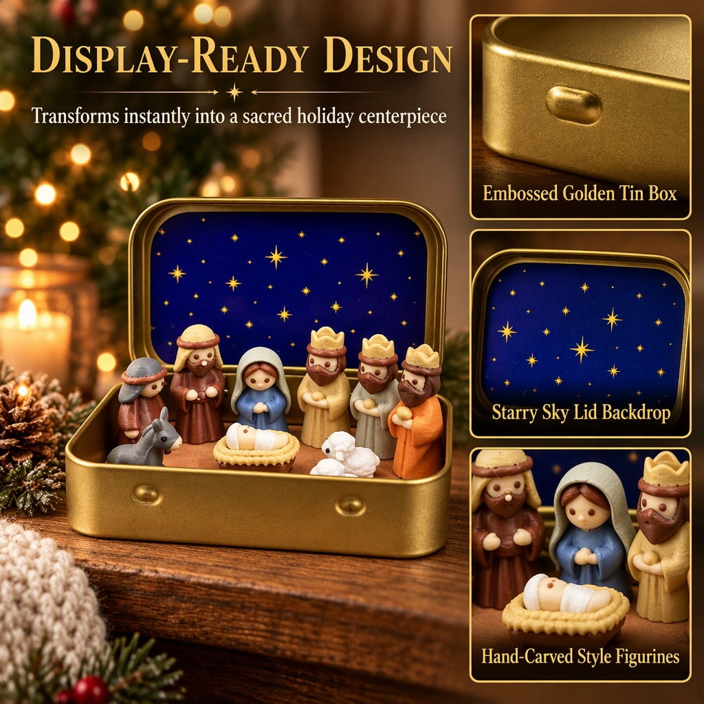 Mini Christmas Nativity Set in a Tin Box – Pocket Size Religious Scene with Handcrafted Resin Figures, Portable Display Case for Desk & Shelf
