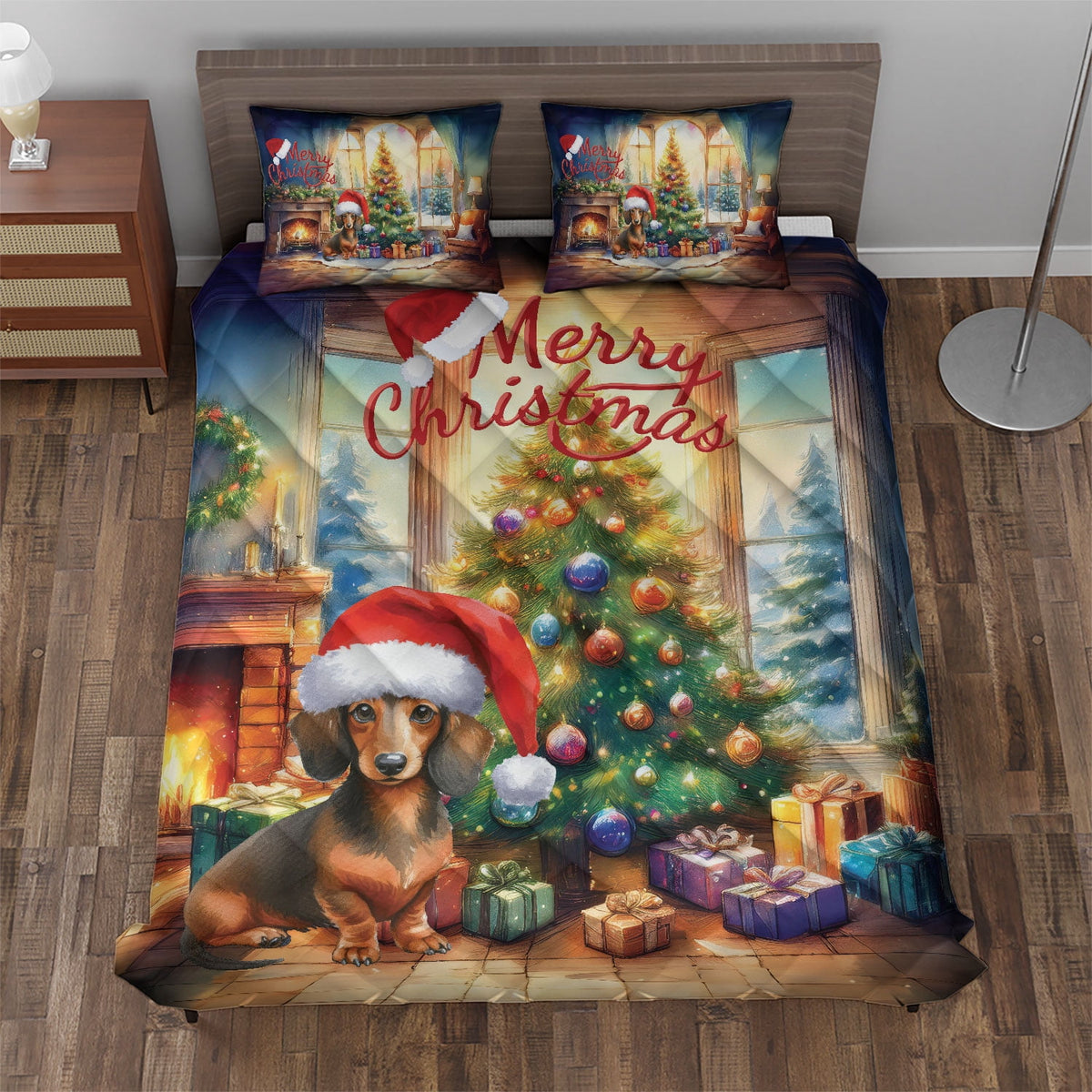 Merry Christmas French Bulldog Santa Hat Xmas Tree Winter Holiday Quilt Bedding Set Dog Lover Gifts 1 Blanket Bed Cover 2 Pillowcases - 01013