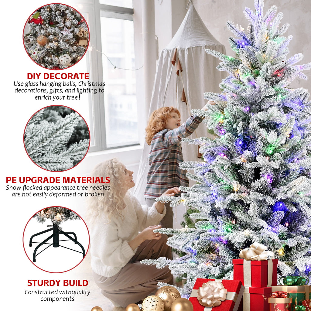 Makeatree 6 ft Prelit Snow Flocked Christmas Tree Frosted Artificial Xmas Tree with Multicolor Lights &1582PE PVC Tips, 9 Color Modes