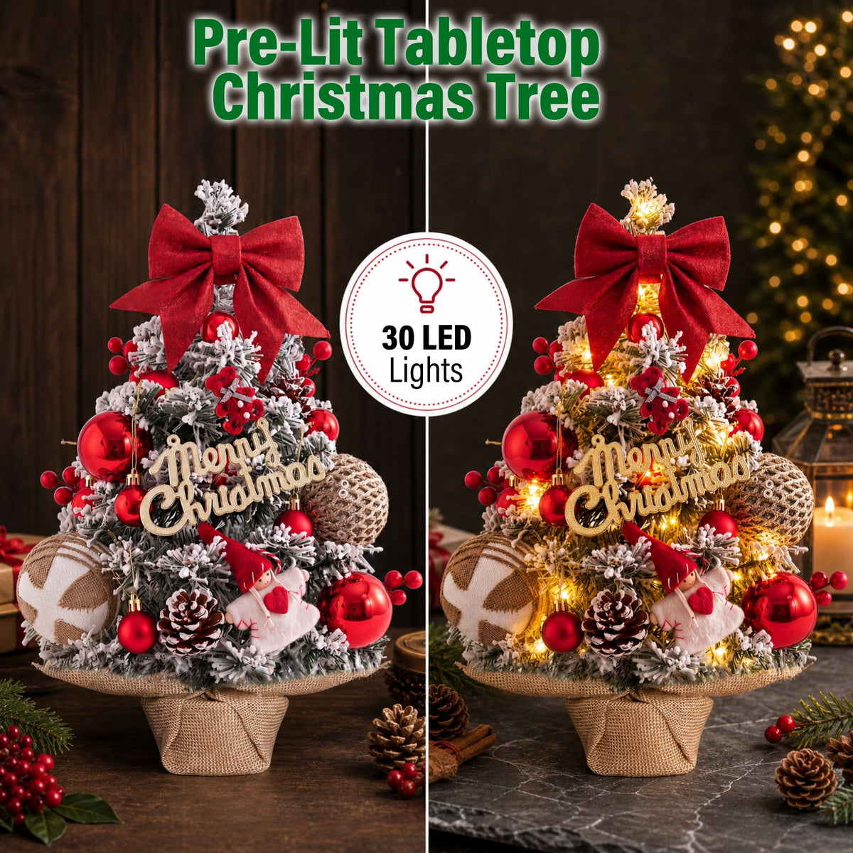 22" Mini Christmas Tree with 30 LEDs, Red Berries & Pinecones, DIY Kit, Battery Powered Tabletop Tree Christmas Decorations Gifts for Dorms, Offices, Home, Classrooms Desks & Small Spaces