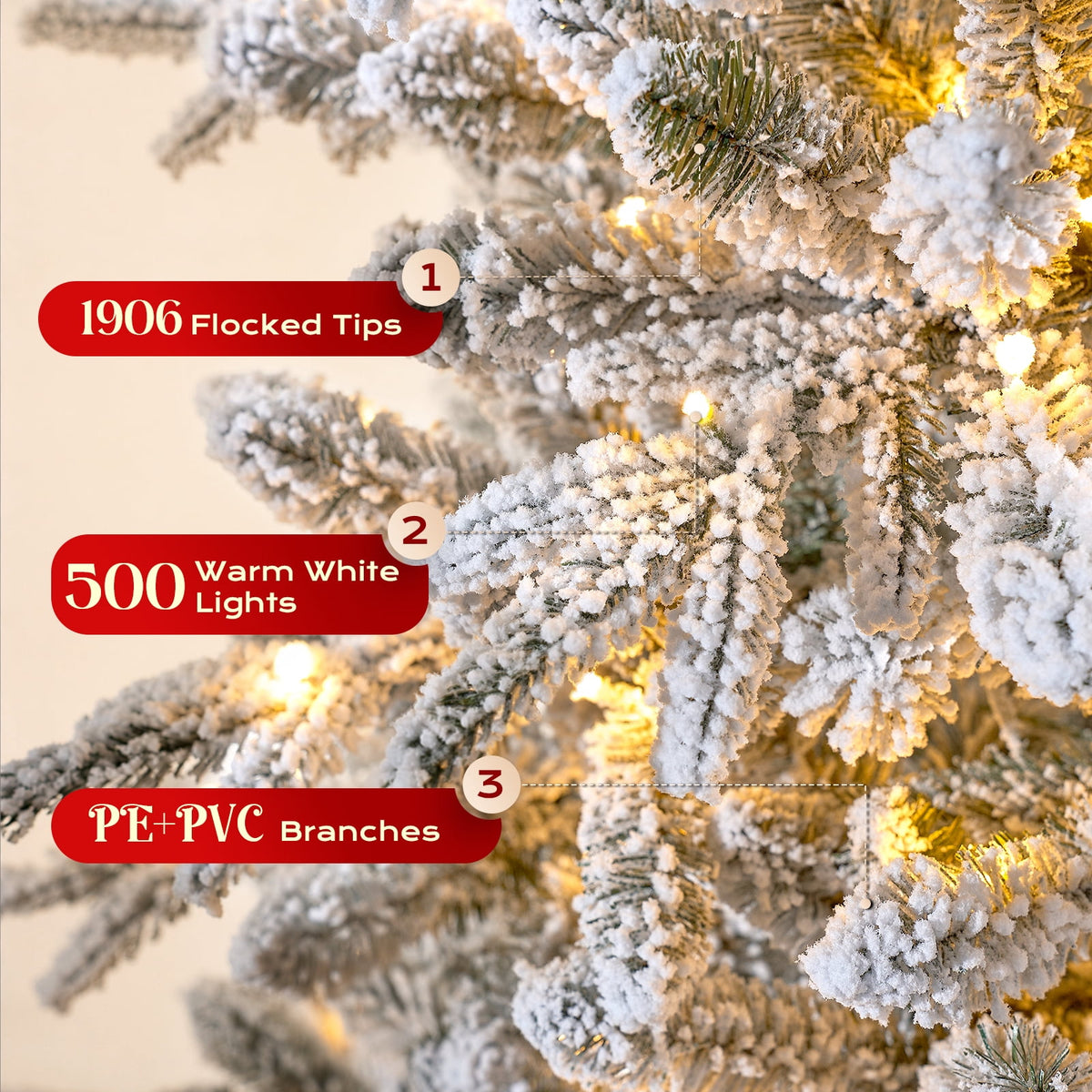 Goosiay 7FT Pre-Lit Flocked Fir Christmas Tree, 1060 PE & PVC Tips, 300 Warm White LED Lights, Snowy Hinged Artificial Christmas Tree for Living Room & Holiday Decor