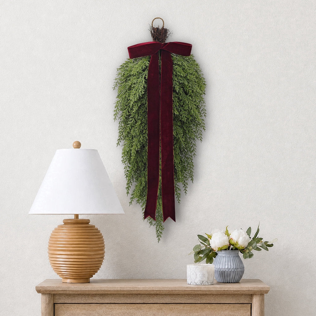 My Texas House Natural Feel Cedar Artificial Christmas Swag with Velvet Bow, Green and Red, 28"