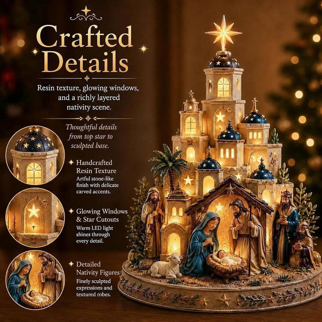 Bethlehem Nativity Church Light Tower, Lighted Nativity Scene Tabletop, Lighted Village Decoration with Star Accent Scene for Tabletop Home Display