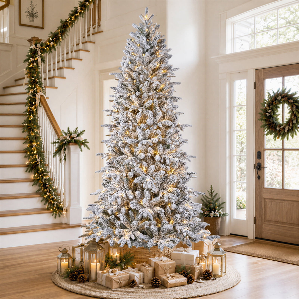 Goosiay 7FT Pre-Lit Flocked Fir Christmas Tree, 1060 PE & PVC Tips, 300 Warm White LED Lights, Snowy Hinged Artificial Christmas Tree for Living Room & Holiday Decor