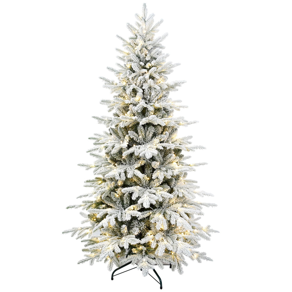 Makeatree 6 ft Prelit Snow Flocked Christmas Tree Frosted Artificial Xmas Tree with Multicolor Lights &1582PE PVC Tips, 9 Color Modes