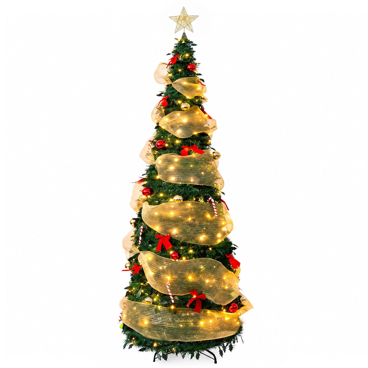 Yexmas 7.5FT Pop-Up Artificial Christmas Tree with 300LED Lights,Green Prelit Christmas Tree with Foldable Base