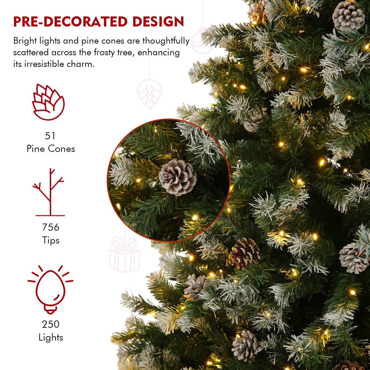 Funcid 6ft Artificial Christmas Tree with 8 Adjustable Light Flash Rate Modes, Decorated Xmas Tree with Pine Cones, Hinged Partially Flocked Christmas Tree with Foldable Metal Base