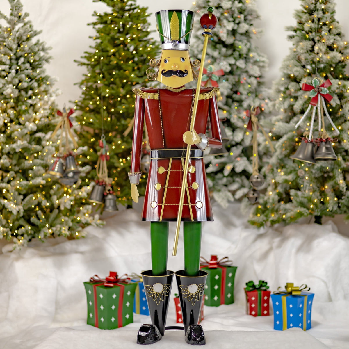 59” Tall Iron Christmas Green Nutcracker Holding Drum “Leo”