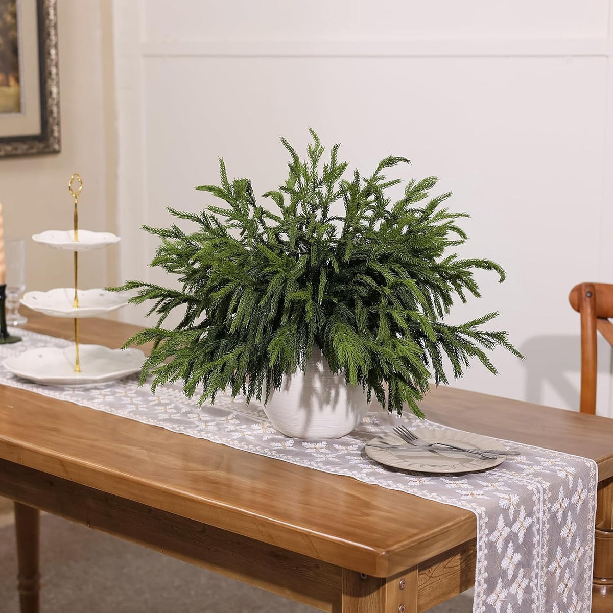 4 PCS Real Touch Norfolk Pine Branches, Artificial Christmas Green Plants Branch Faux Greenery Stem Fake Pine Picks for Vase DIY Crafts Garland Wreath Xmas Indoor Outdoor Decor(17.8 Inches)