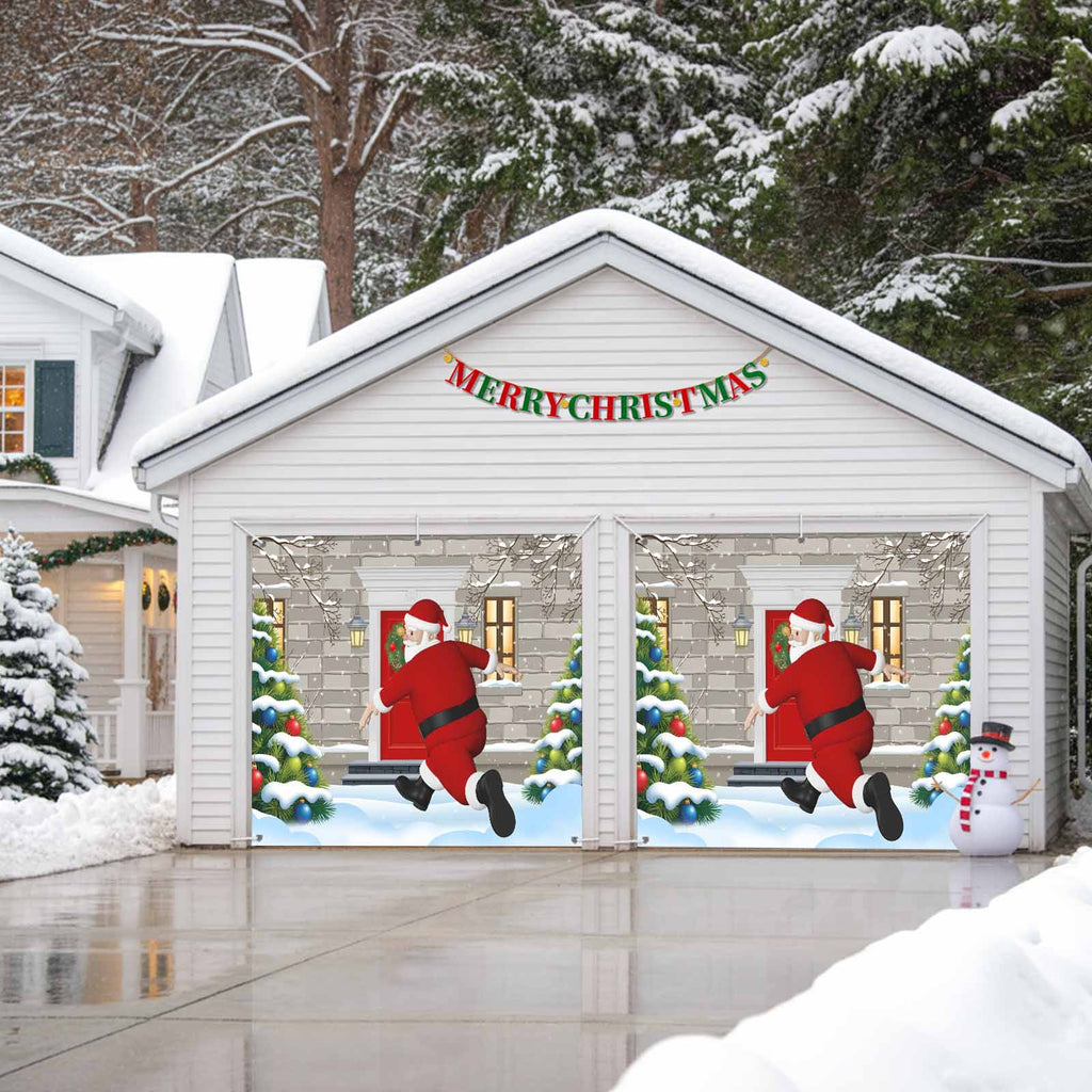 Fsddascl 7 x 16 Ft Christmas Garage Door Cover, Black Christmas Tree Large Garage Door Banner, Xmas Snowflake Green Golden Hanging Garage Mural Background for Indoor Outdoor Xmas Party Supplies