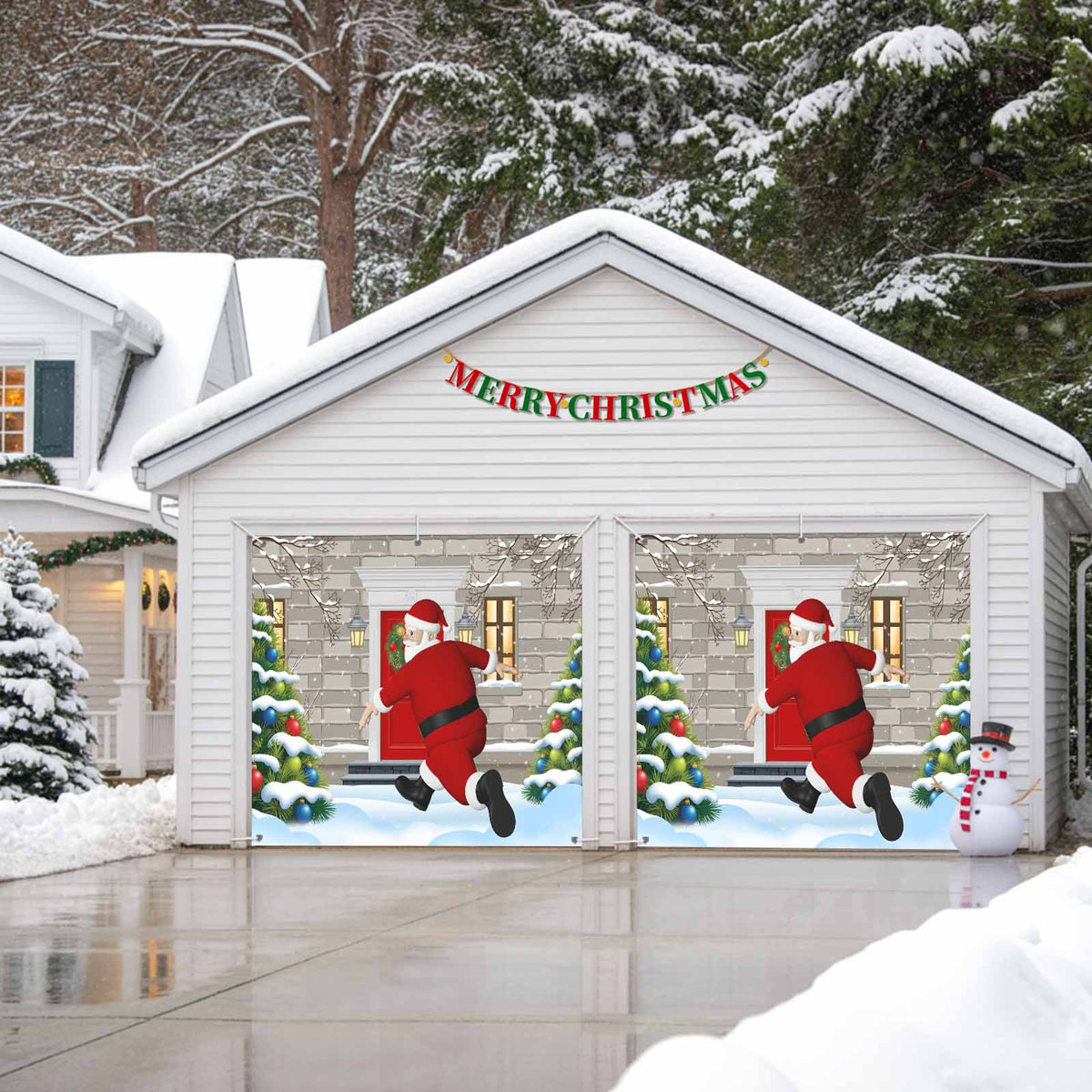 Fsddascl 7 x 16 Ft Christmas Garage Door Cover, Black Christmas Tree Large Garage Door Banner, Xmas Snowflake Green Golden Hanging Garage Mural Background for Indoor Outdoor Xmas Party Supplies
