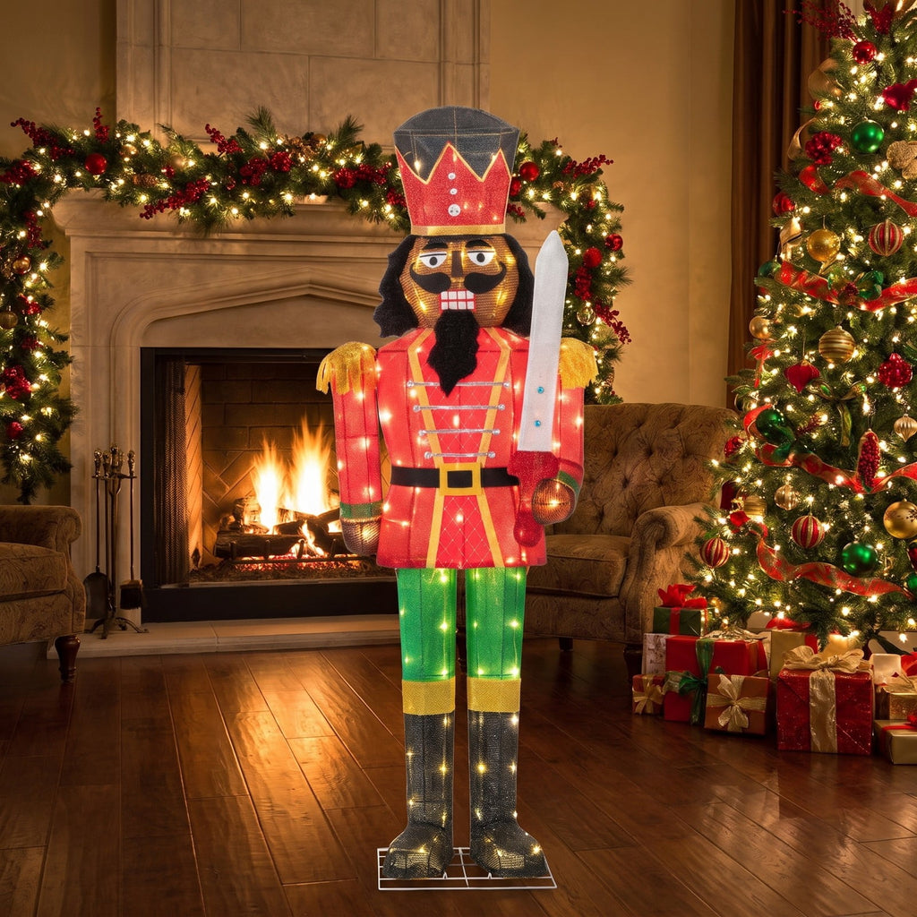 Airfind 5 FT Lighted Christmas Nutcracker with Glitter Sword for Outdoor, Metal Tinsel Frame, 21.5" x 5 ft Footprint, Multi-color