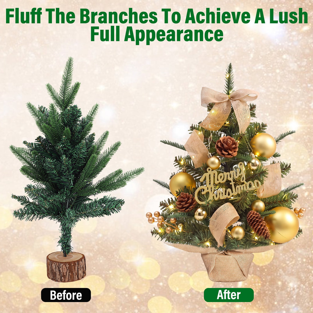 22" Mini Christmas Tree with 30 LEDs, Red Berries & Pinecones, DIY Kit, Battery Powered Tabletop Tree Christmas Decorations Gifts for Dorms, Offices, Home, Classrooms Desks & Small Spaces