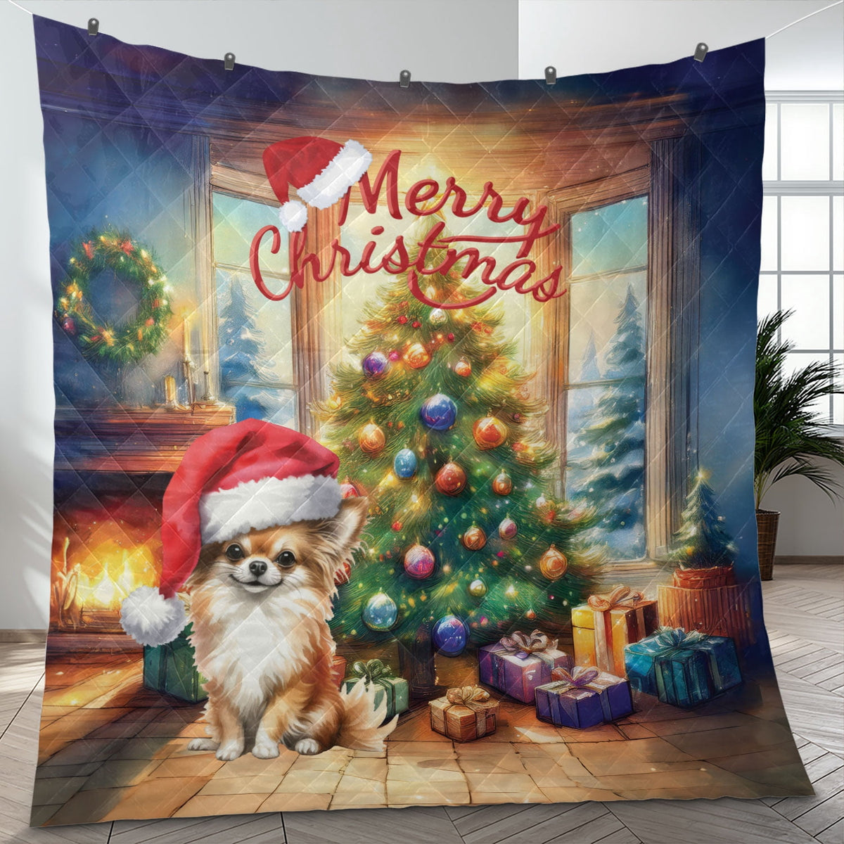 Merry Christmas French Bulldog Santa Hat Xmas Tree Winter Holiday Quilt Bedding Set Dog Lover Gifts 1 Blanket Bed Cover 2 Pillowcases - 01013