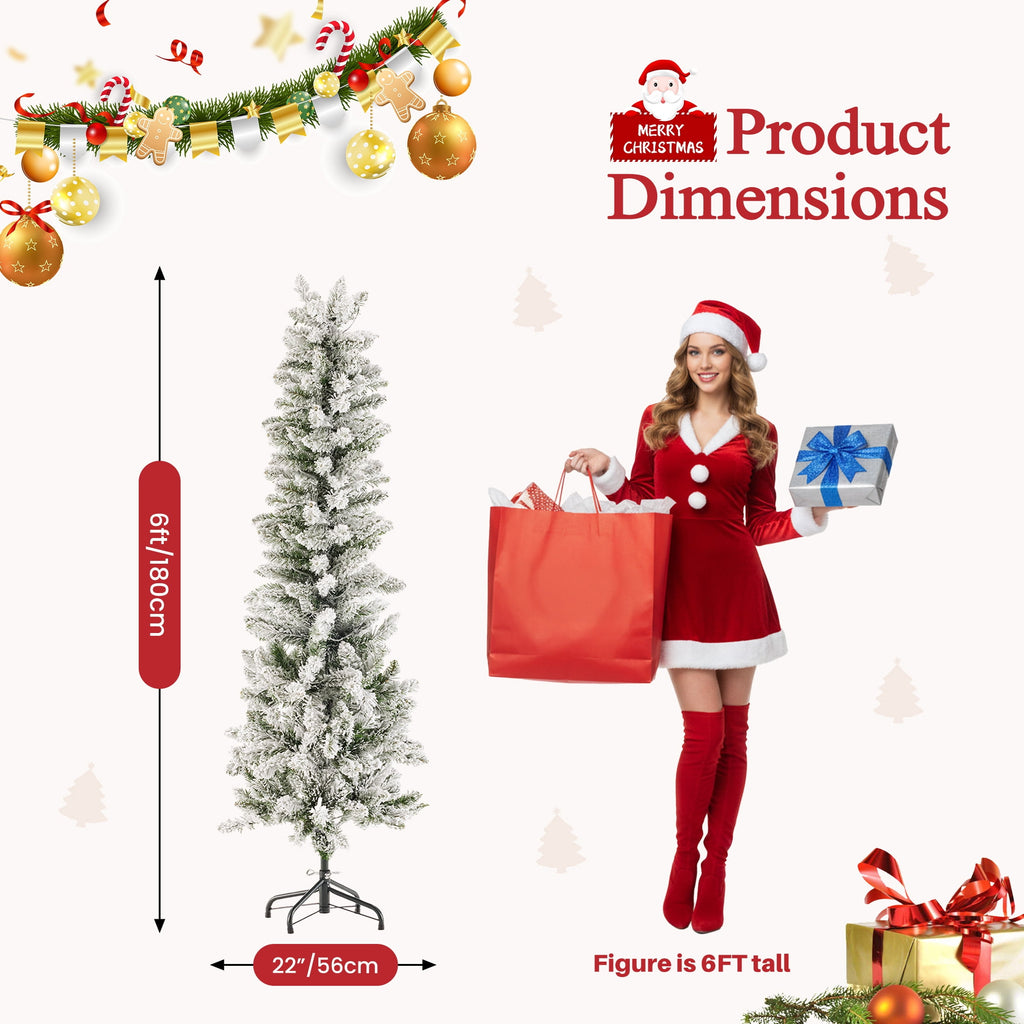 edx 6ft Pre-lit Pencil Christmas Tree, Green Artificial Spruce Slim Christmas Trees, With 250 LED Lights, 571 Branch Tips & Foldable Base, For Home, Office, Party Decoration