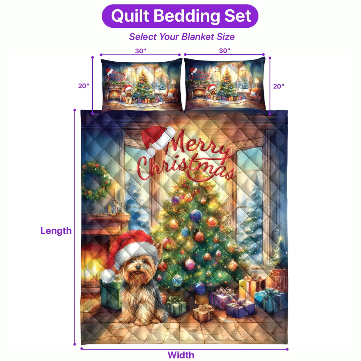 Merry Christmas French Bulldog Santa Hat Xmas Tree Winter Holiday Quilt Bedding Set Dog Lover Gifts 1 Blanket Bed Cover 2 Pillowcases - 01013