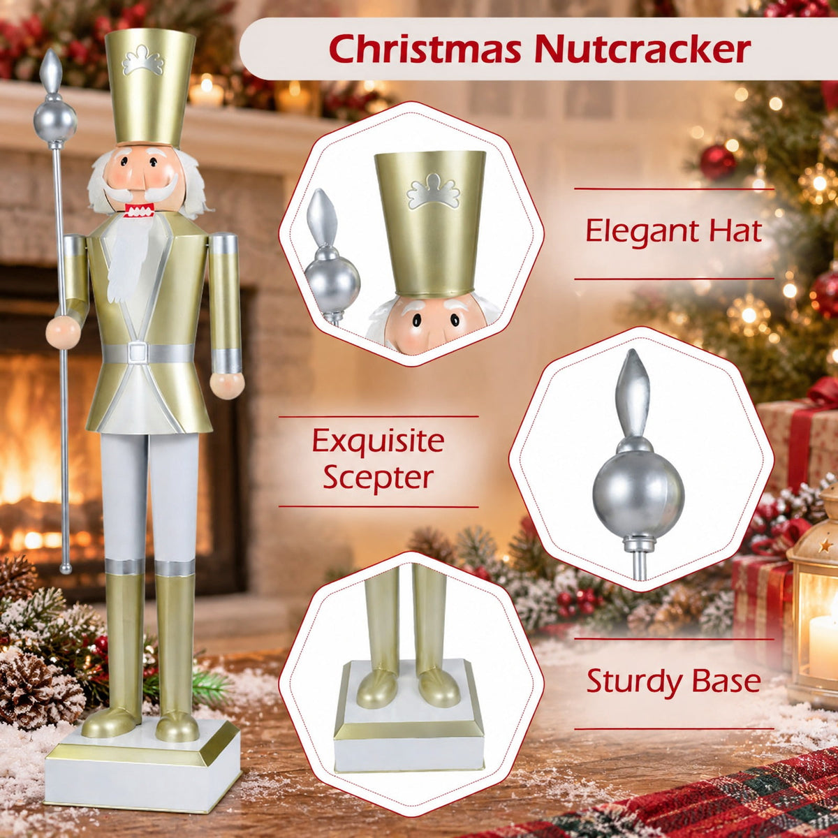 RUIE Christmas Nutcracker with High Hat & Beautiful Scepter-White & Golden, 4 FT, White, 10.5" x 10.5" x 4' Overall, Metal Construction