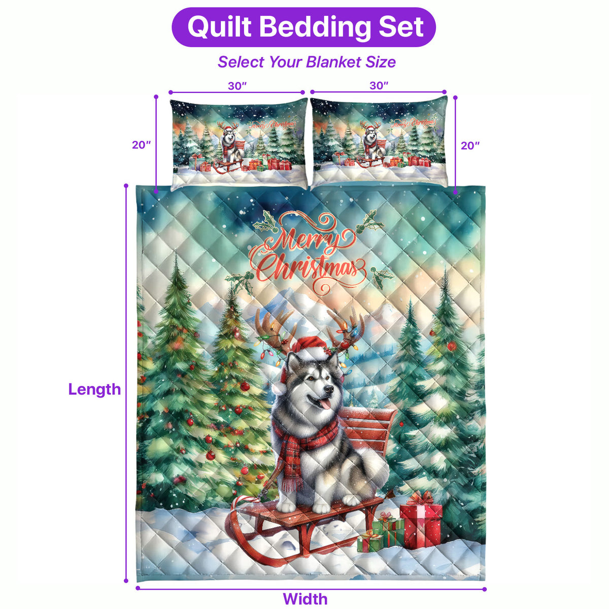 Merry Christmas Santa Reindeer Antlers French Bulldog Sleigh Xmas Winter Holiday Quilt Bedding Set Dog Lover Gifts 1 Blanket Bed Cover 2 Pillowcases - 00023