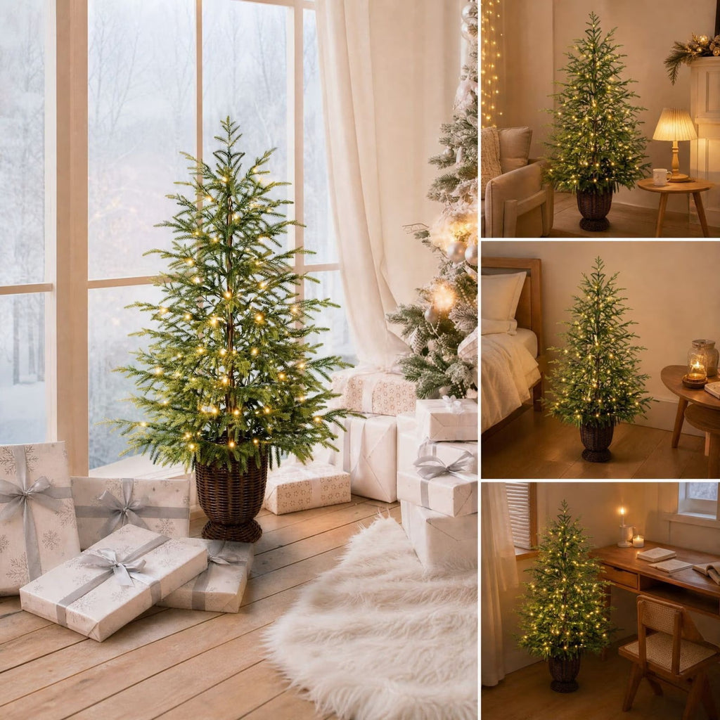 3ft Prelit Green Artificial Christmas Tree Lifelike Potted Spruce Xmas Tree With Warm LED Lights for Home,Office,Party Decoration,Hinged Design and Stable Base,Indoor Holiday Decor for Home