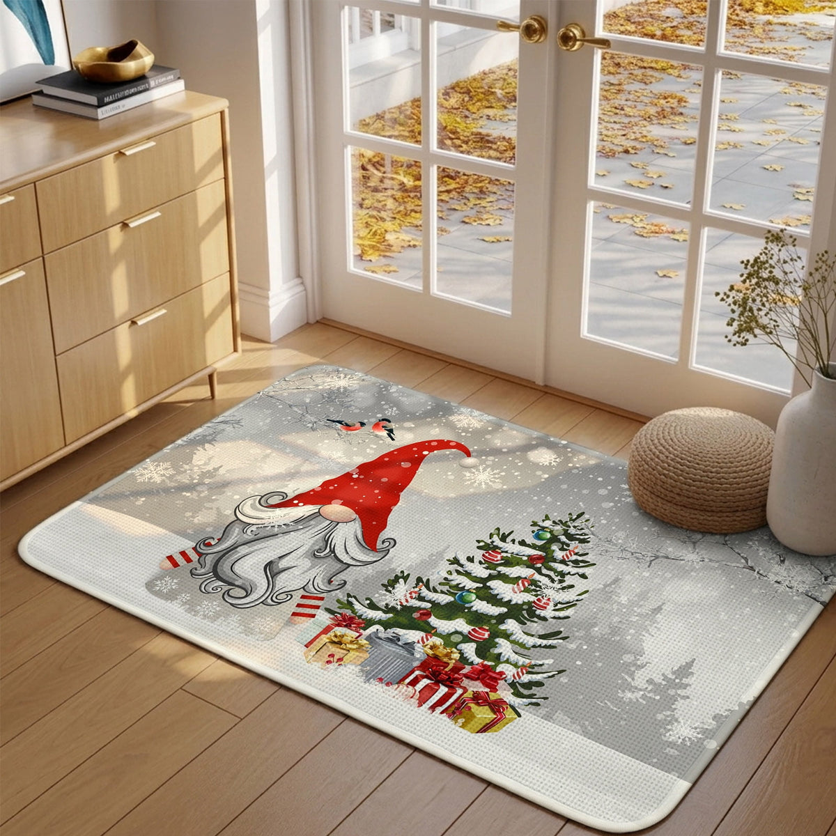 Pink Gnomes Christmas Washable Area Rugs for Living Room Bedroom, Large Non Slip Indoor Floor Carpet Absorbent Xmas Tree Gifts Winter Snowflake Birds Door Mat Rugs for Bathroom Entryway 47.2"x63"