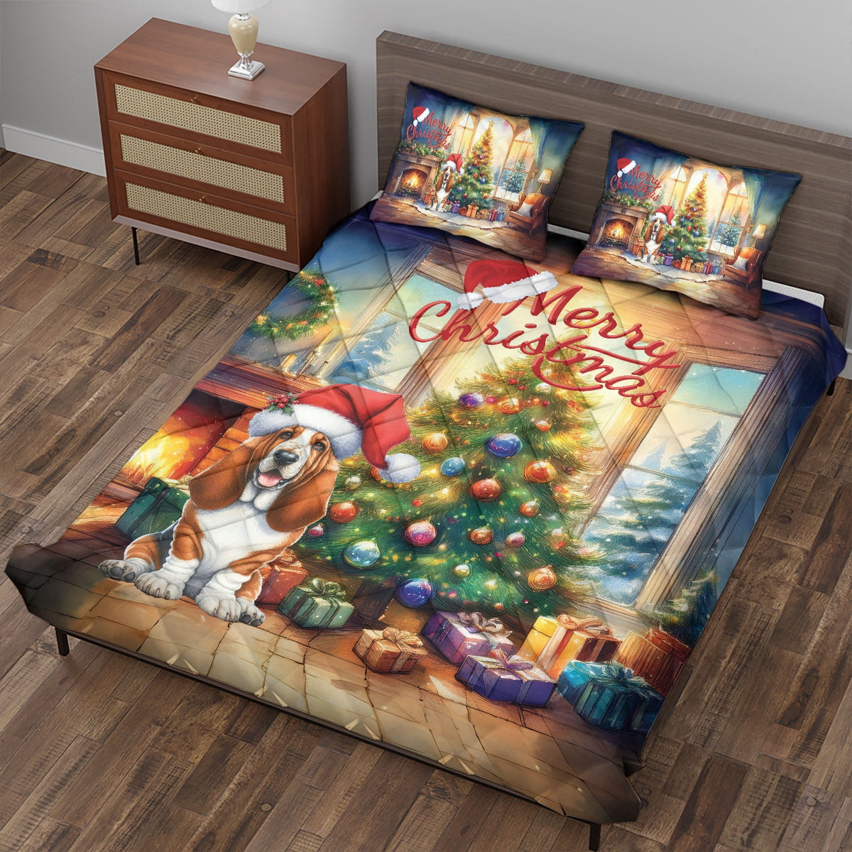 Merry Christmas French Bulldog Santa Hat Xmas Tree Winter Holiday Quilt Bedding Set Dog Lover Gifts 1 Blanket Bed Cover 2 Pillowcases - 01013