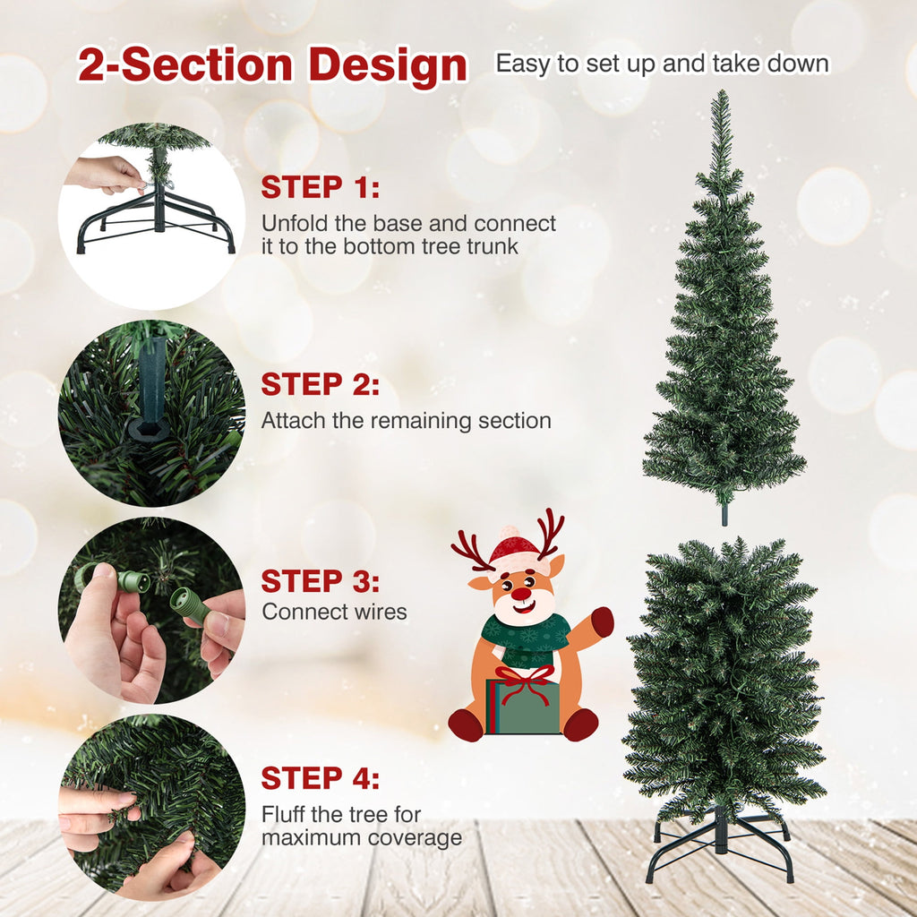 Gymax 9 FT Pre-Lit Artificial Christmas Tree Realistic Slim Pencil Xmas Tree