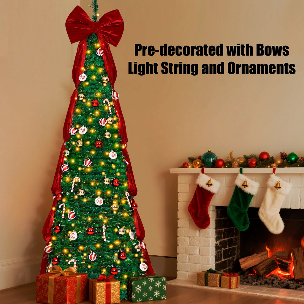 Firstness Christmas Tree 6FT, Pop up Pre Decorated Pre Lit Artificial Xmas Tree with 200 LED Lights, Large Bow & Ornaments, Lighted Christmas Tree with Storage Bag, Easy Installation
