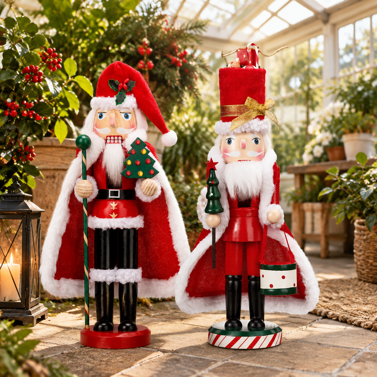 Set of 2 Wooden Christmas Nutcracker Figures, 14 Inch Santa Themed Holiday Decor