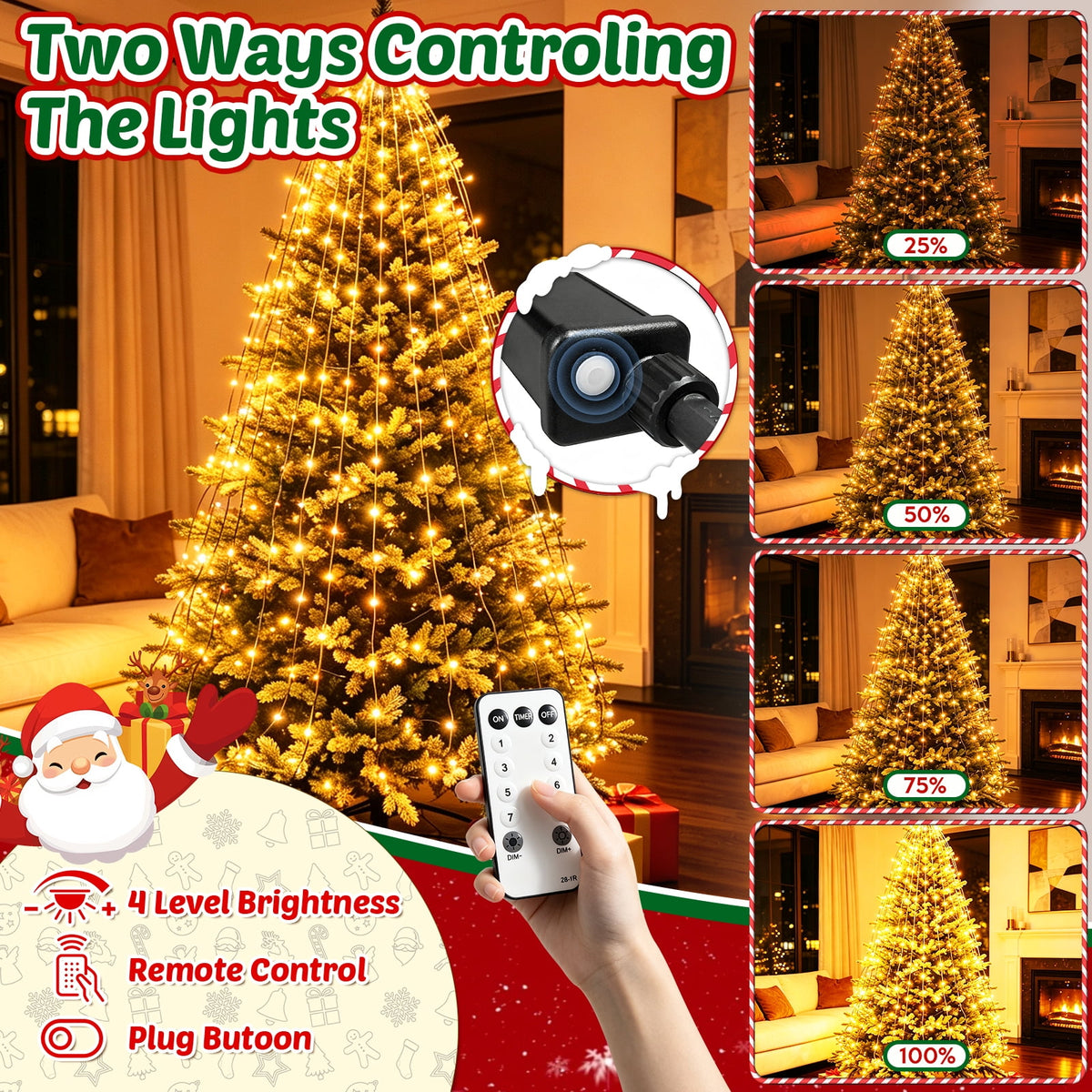Christmas Tree Lights with Ring, 400 LED Cool White Tree Ring Light, 16 Strands 6.6FT Cascade with Remote & Timer for Indoor Xmas Tree Decor