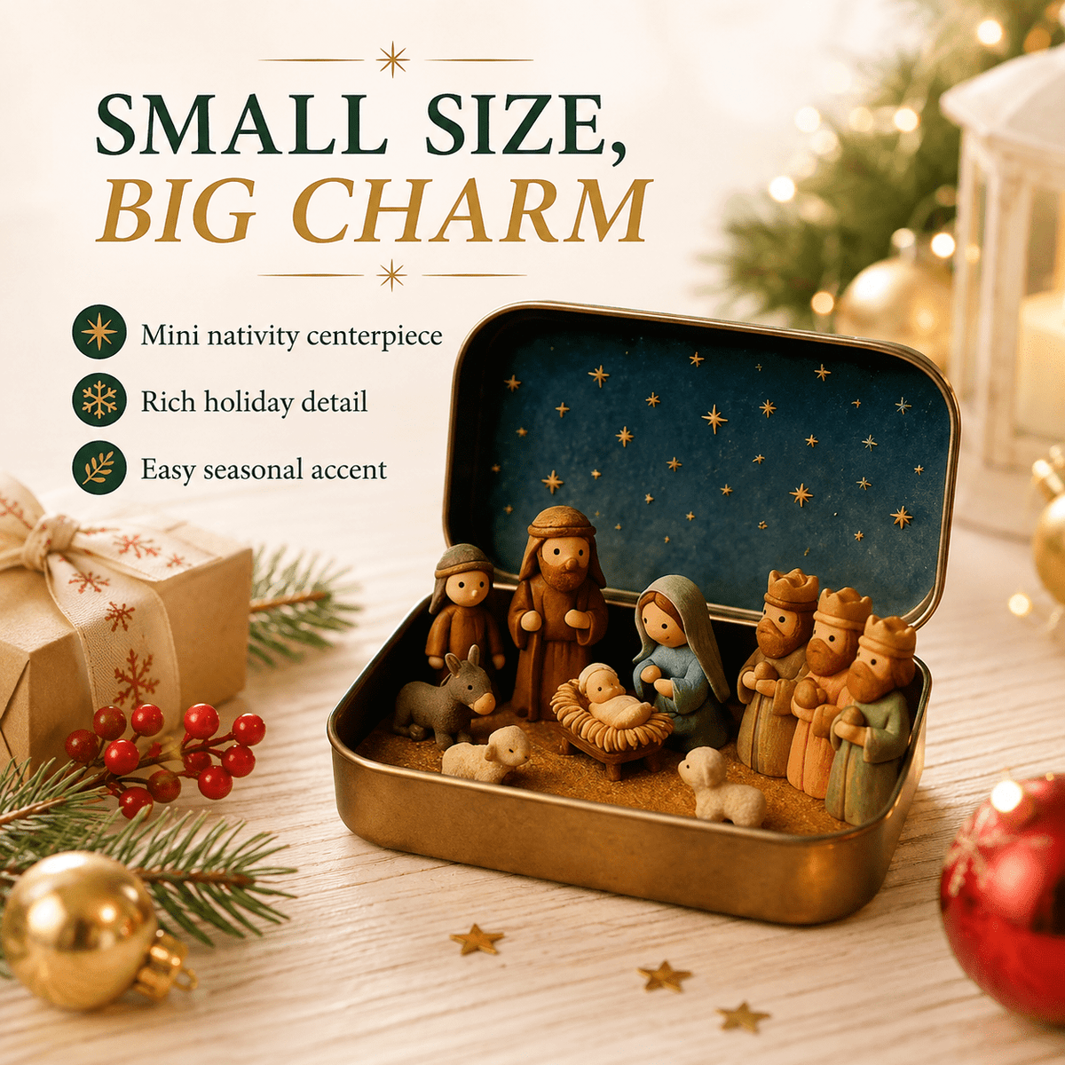 Christmas Nativity Scene in a Tin Mini Manger Scene Portable Tin Box Tabletop Decor for Mantel Shelf Fireplace Desk Holiday Decoration