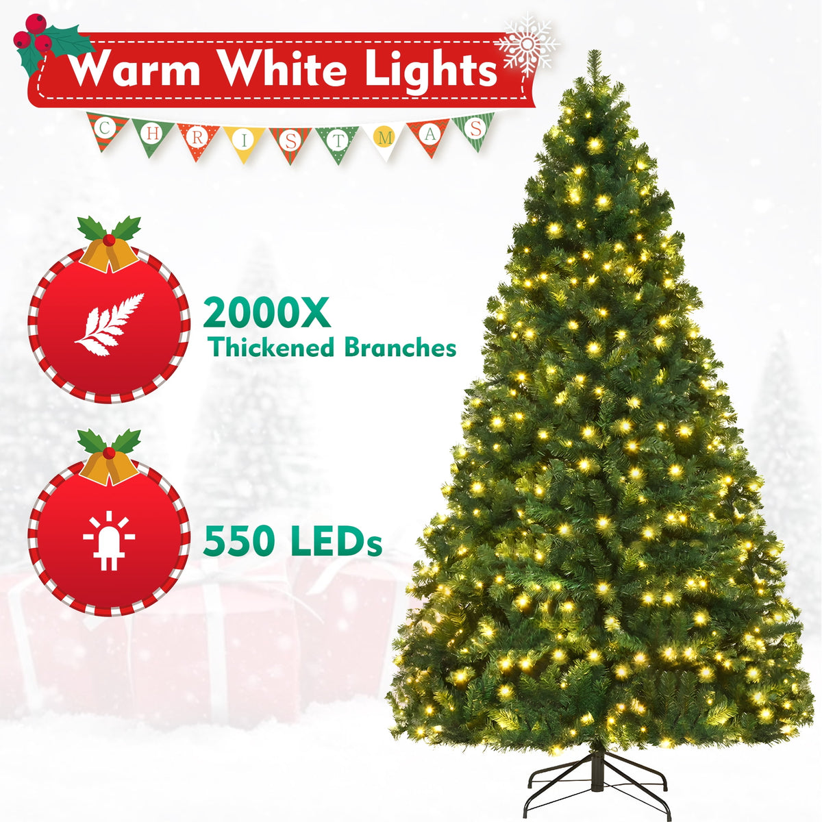 DAYBETTER 6ft Christmas Tree Artificial, Pre-lit with 250 LED Warm White Lights, 800 Branch Tips, Foldable Sturdy Metal Stand for Festival Home, Office Decor, Indoor and Outdoor
