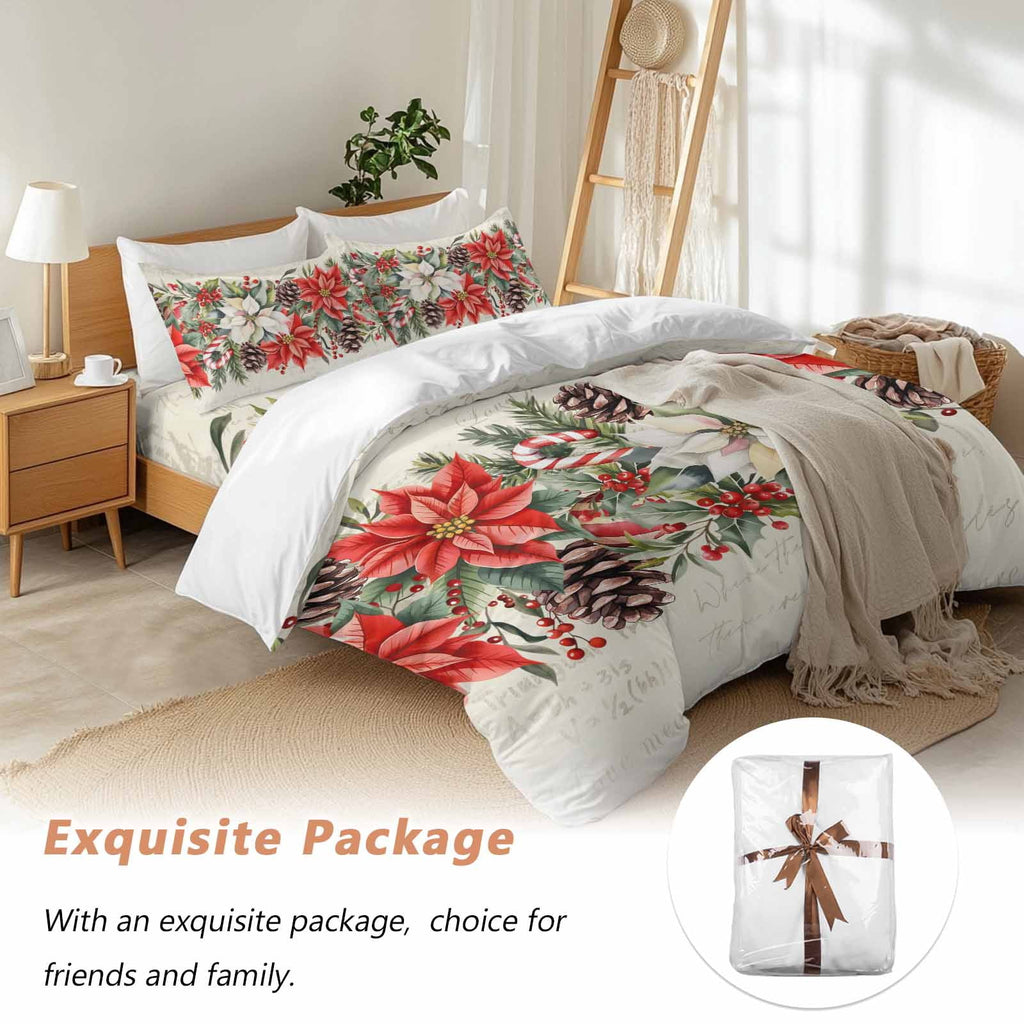 Red White Flowers Bedding Duvet Cover Set Twin 4 Pieces Pine Cone Winter Snowflakes Christmas Vintage Letter Bedding Set with Zipper Closure,1 Comforter Cover 68x90 In 1 Flat Sheet & 2 Pillow Cases