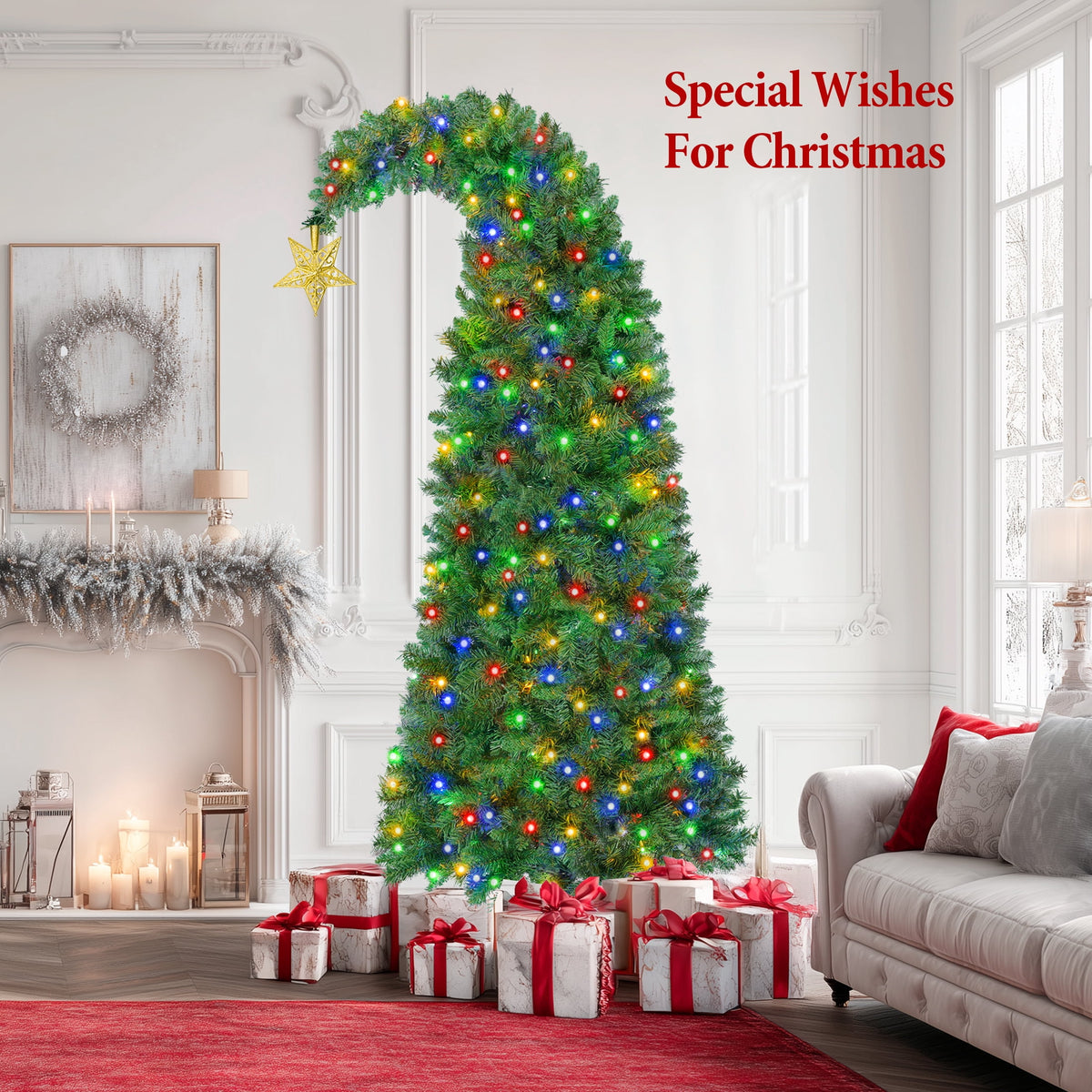 Firstness 6Ft Christmas Tree Crooked Neck, Prelit Artificial Xmas Tree with 250 Colorful Lights & 11 Modes, 825 Branch Tips, Storage Bag, PVC Bendable Top Christmas Tree