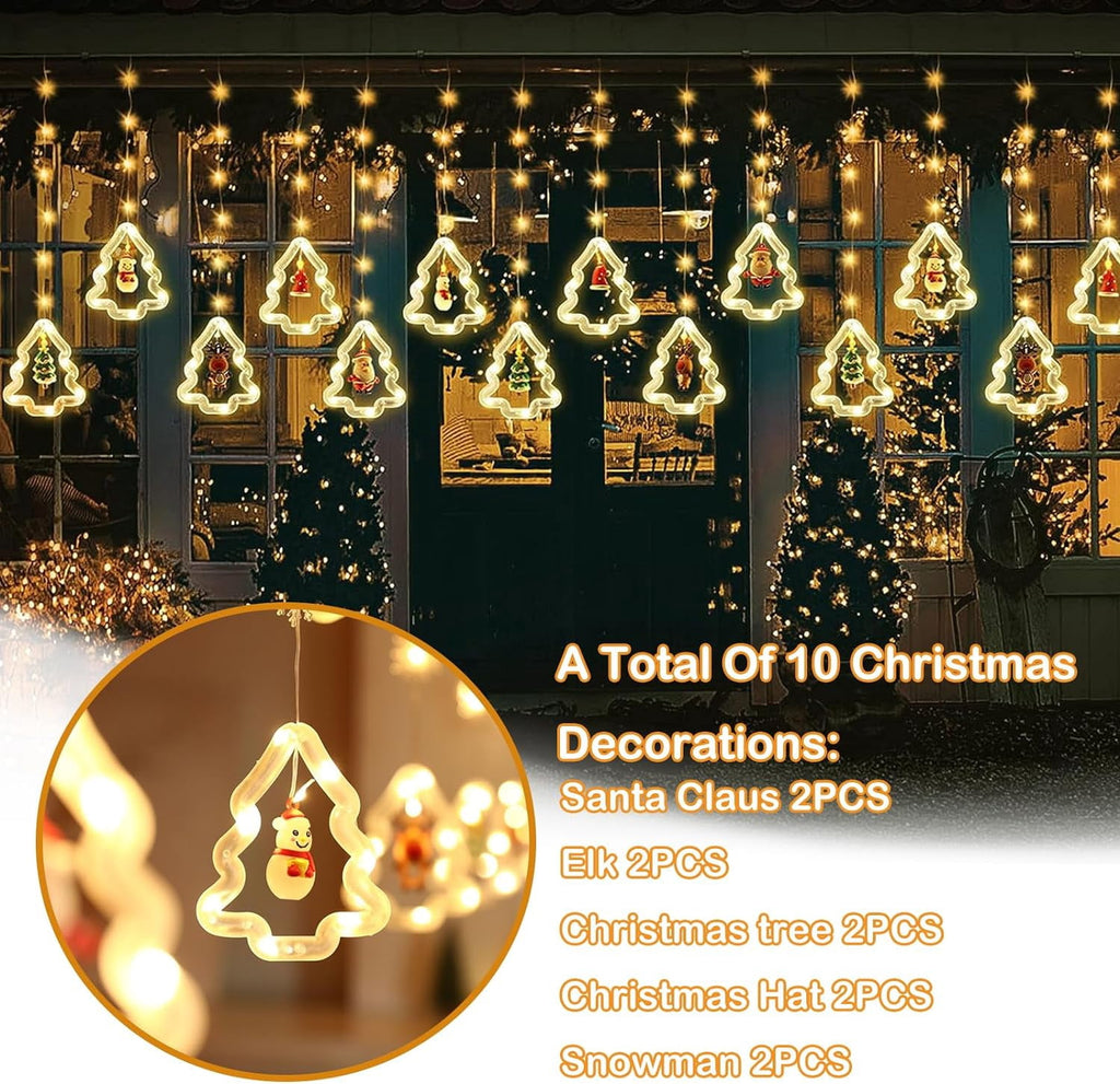 WILLED Christmas String Lights, 120 LED Window Curtain Lights with Christmas Ornaments, 9.8ft USB Powered Warm White Waterproof Fairy Lights Indoor Outdoor for Xmas Tree Patio Garden Party Home Decor