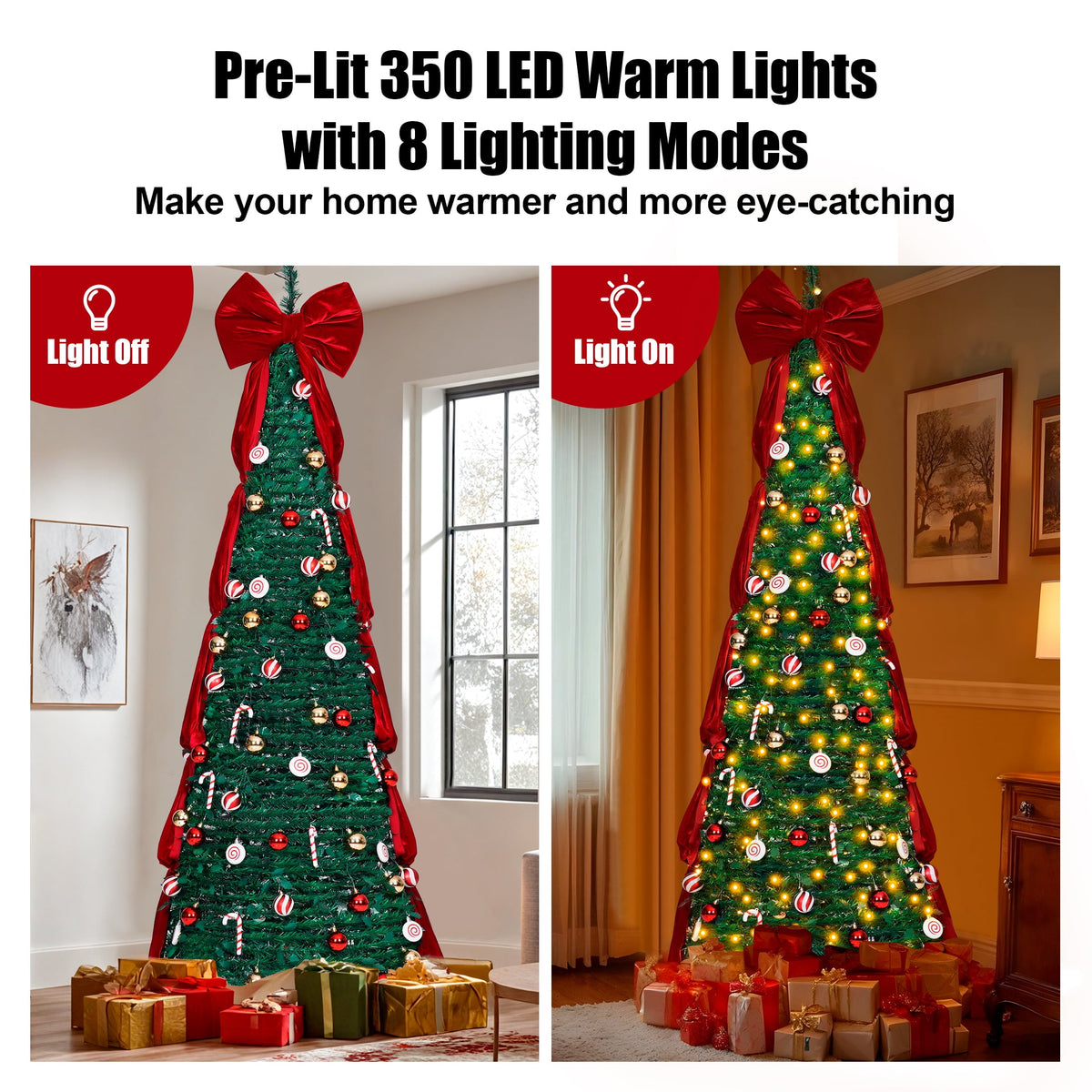 Firstness Christmas Tree 7.5FT, Pop up Pre Decorated Pre Lit Artificial Xmas Tree with 350 LED Lights, Large Bow & Ornaments, Lighted Christmas Tree with Storage Bag, Easy Installation